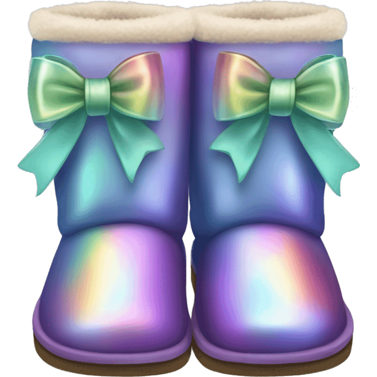 Pair of iridescent Ugg fur boots with ribbon bows. emoji