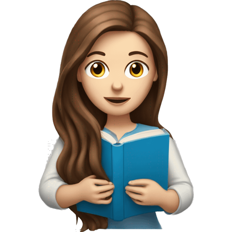 White woman with long brown hair and blue eyes reading a book emoji