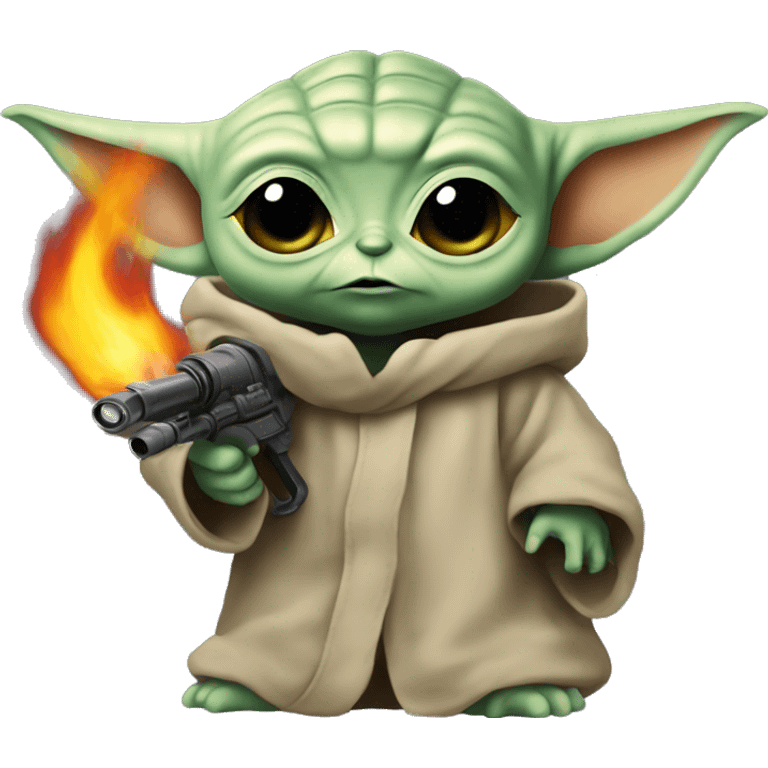 Baby Yoda holds a flamethrower emoji