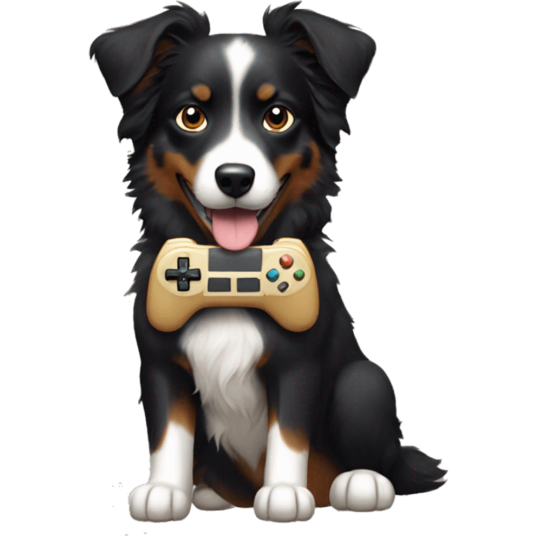 Small black australian shepherd dog with beige video game controller  emoji