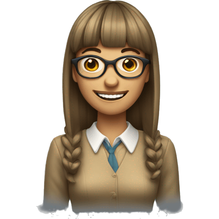 Woman with bangs doing a big toothy nerdy smile emoji