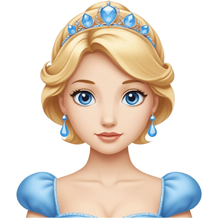 Cinematic Realistic Comical Cinderella Portrait, with every detail rendered realistically—from the soft, smooth texture of her fair skin to her artfully styled golden-blonde hair. Her bright blue eyes are wide with playful disbelief, and her expression carries a touch of whimsical humor while retaining elegant poise. Her classic ball gown, detailed with rich fabric textures and natural shadows, catches the light in a way that blends refined beauty with a hint of cheeky mischief, creating a striking, lifelike portrayal. emoji