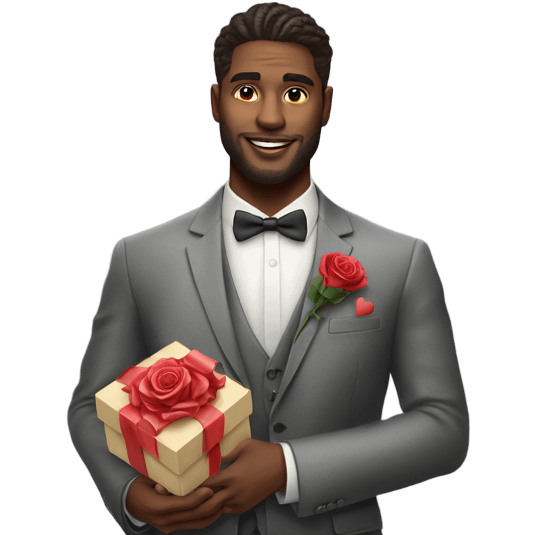 Hyper Realistic handsome man in suit holding roses and a heart shaped gift box emoji