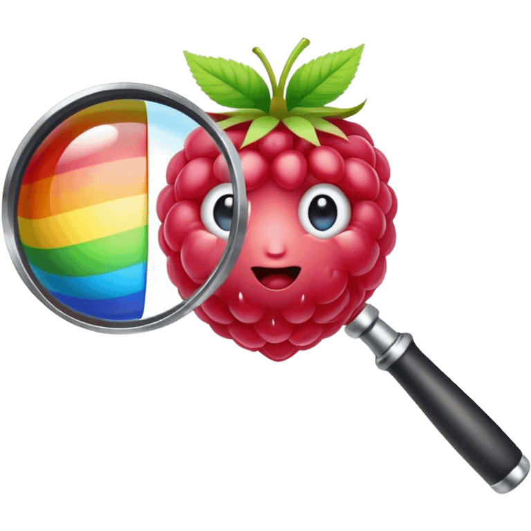 a raspberry holds a rainbow colored magnifier with its budding from handle of magnifier emoji