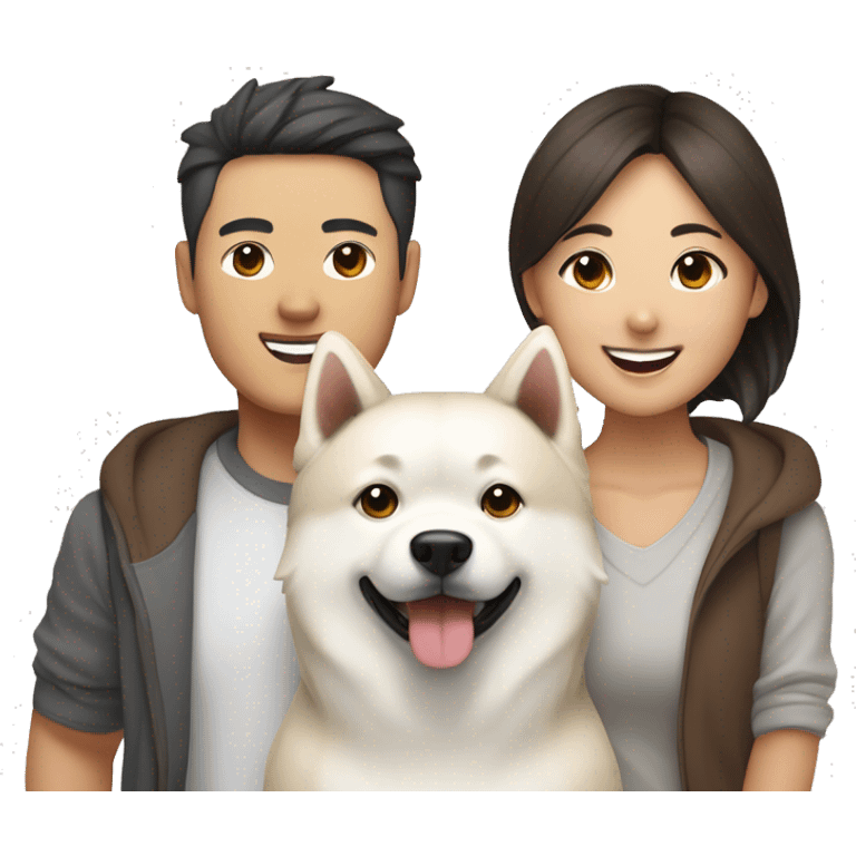 Happy Asian couple with White Japanese Akita and brown Multipoo emoji