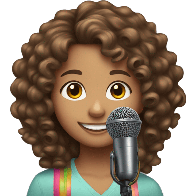 10 year old girl, brown curly hair, microphone, colorful markers emoji