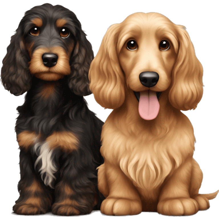 Brown golden doodle and black and tan and cream longhair dachshund sitting together  emoji