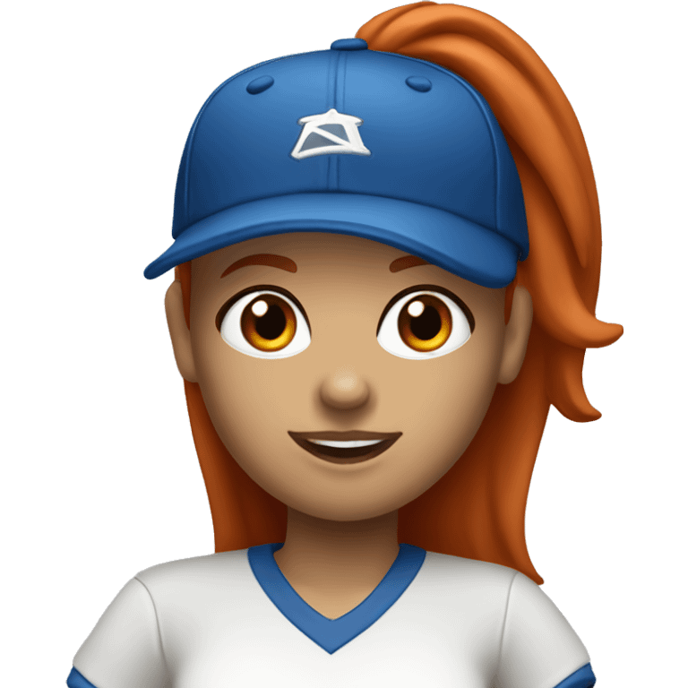 standing up white female coach with long red hair in white t-shirt and with a simple blue baseball hat emoji