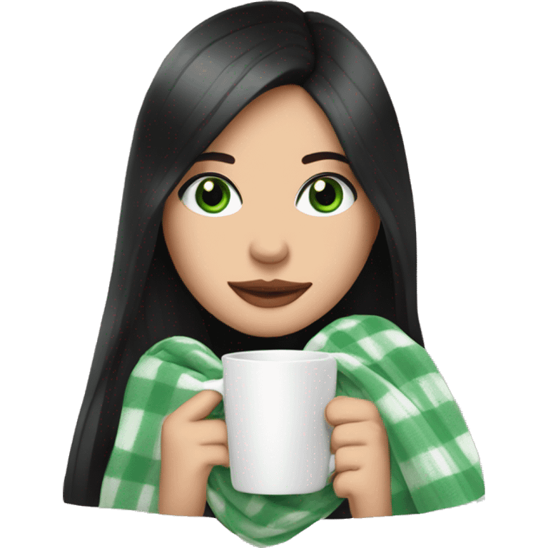 A pretty white woman with long black hair and green eyes wrapped in pastel pink plaid blanket drinking coffee emoji