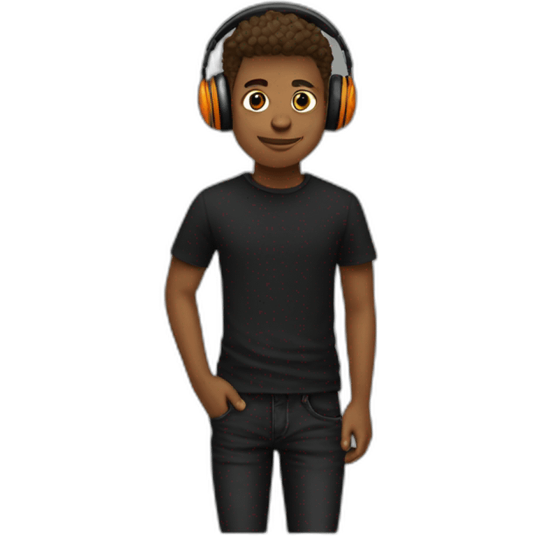 A super cool boy with headphone and black and orange Tshirt with black jeans  emoji