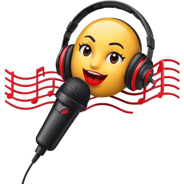 Create a dynamic and energetic emoji that represents beatboxing. The design should feature a stylized microphone with lips and sound waves emanating from it, symbolizing vocal percussion and rhythm. Add elements like headphones or a subtle speaker to emphasize the music production aspect. Use bold colors like black, white, and red to convey the intensity and creativity of beatboxing. The background should be transparent. emoji