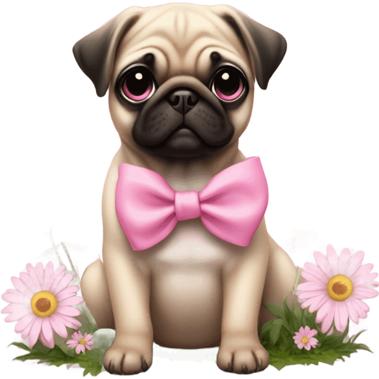 Baby pug with big pink
eyes wearing a pink bow on her head sitting in daisy's  emoji