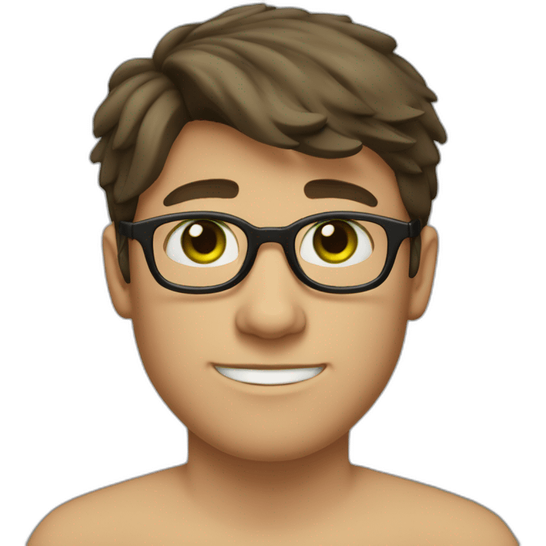 a boy with brown hair, short on the sides and a little longer on top, round black glasses, a short beard. green eyes and hump on the nose. emoji