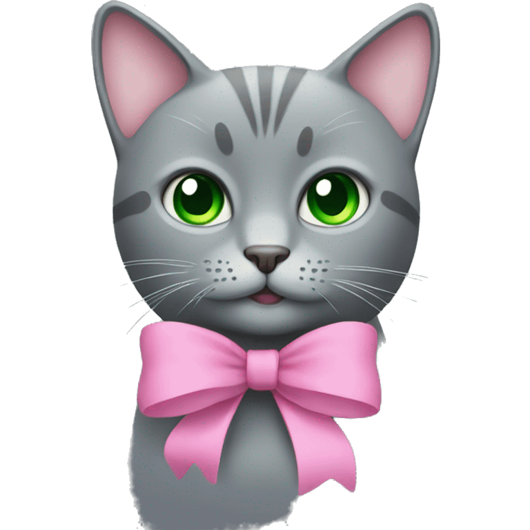 Grey cat with a pink bow and green eyes emoji