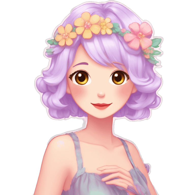 Gorgeous Shiny Colorful Pastel Anime Mature Lady with blushing face and pretty hair with a flower crown pastelcore kawaii cottagecore fairycore aesthetic trending style emoji