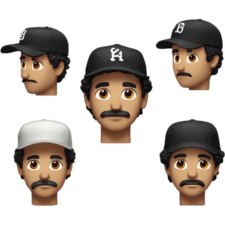 White guy with medium length short shaggy black hair and a baseball hat. Brown eyes and a classic mustache and NO beard. Black hair emoji