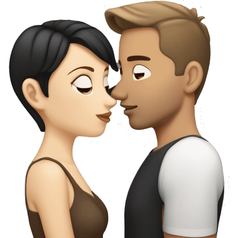 Brunette white girl kissing tan man with black short hair  emoji