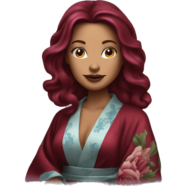 Beautiful tattooed burgundy long haired woman in silk robe emoji