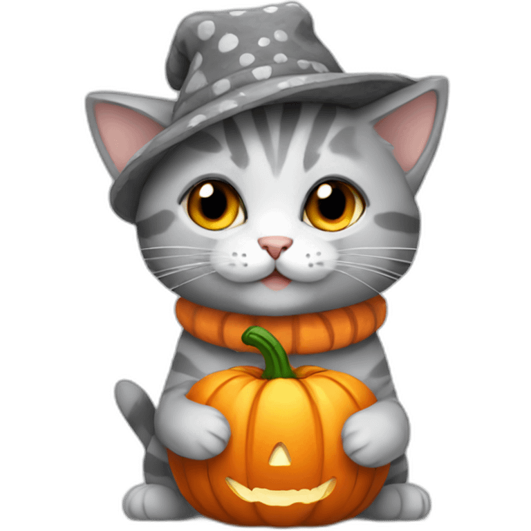 Grey kitten with white spots wearing a pumpkin hat emoji