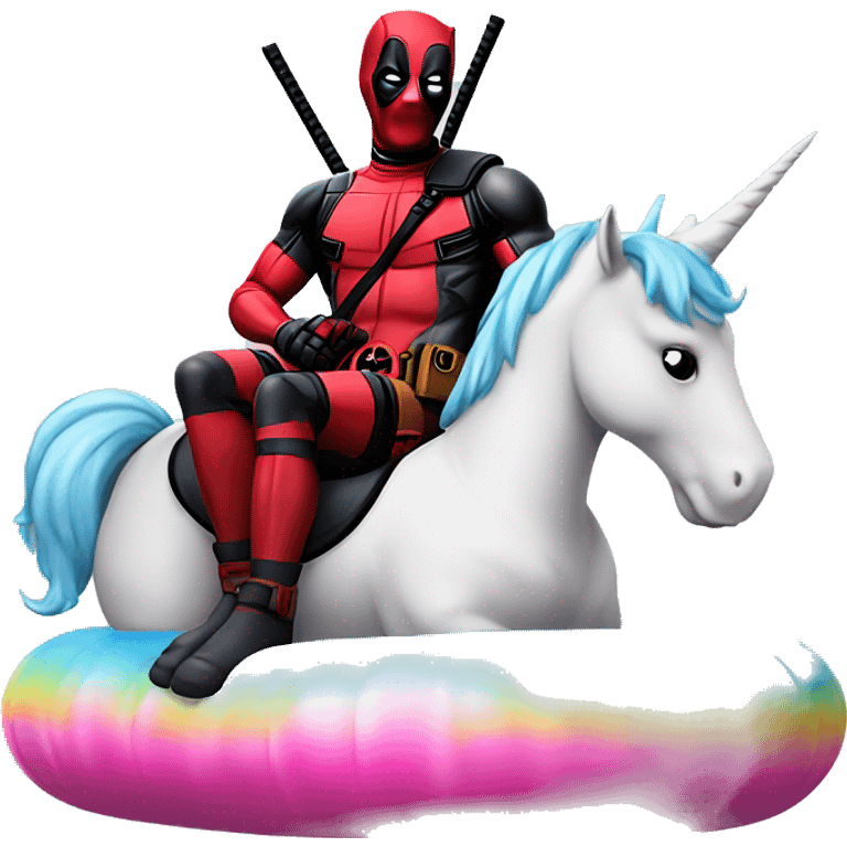 Deadpool chilling on a unicorn floatie emoji