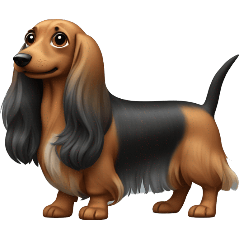 Wiener dog with long hair, brown, black and grey with Carmel color paws  emoji