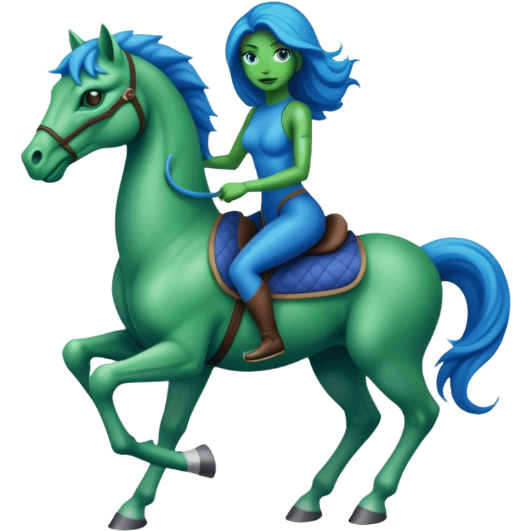 reptilian alien green woman, rides blue horse
 emoji