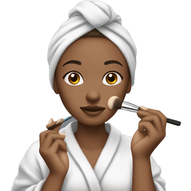 white-skinned girl with a towel on her head in a gray robe doing makeup emoji