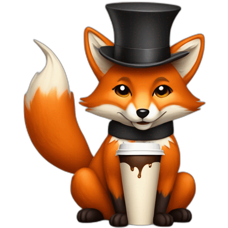 a fox drinking coffee wearing a high hat emoji