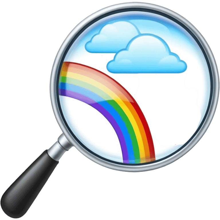 a magnifying glass with a rainbow river flowing through it and passing by emoji