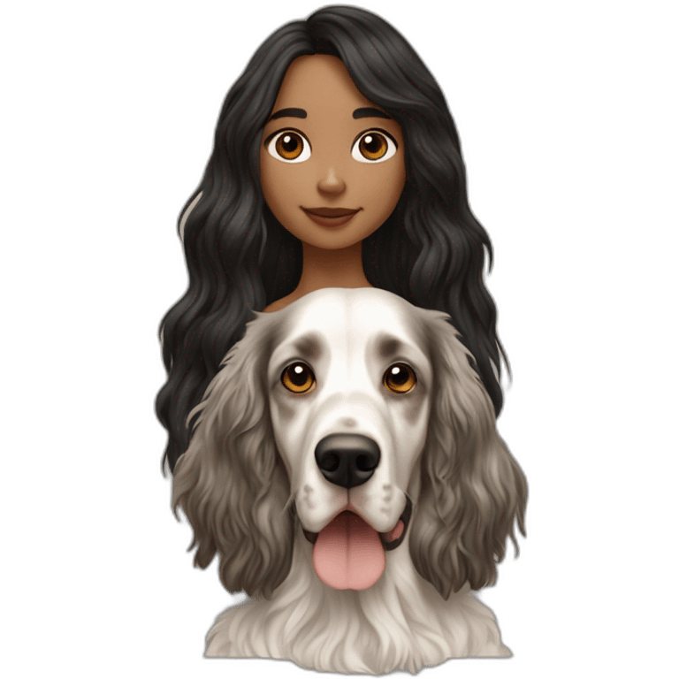 hyperrealist caucasian girl black long hair with brown english setter dog emoji