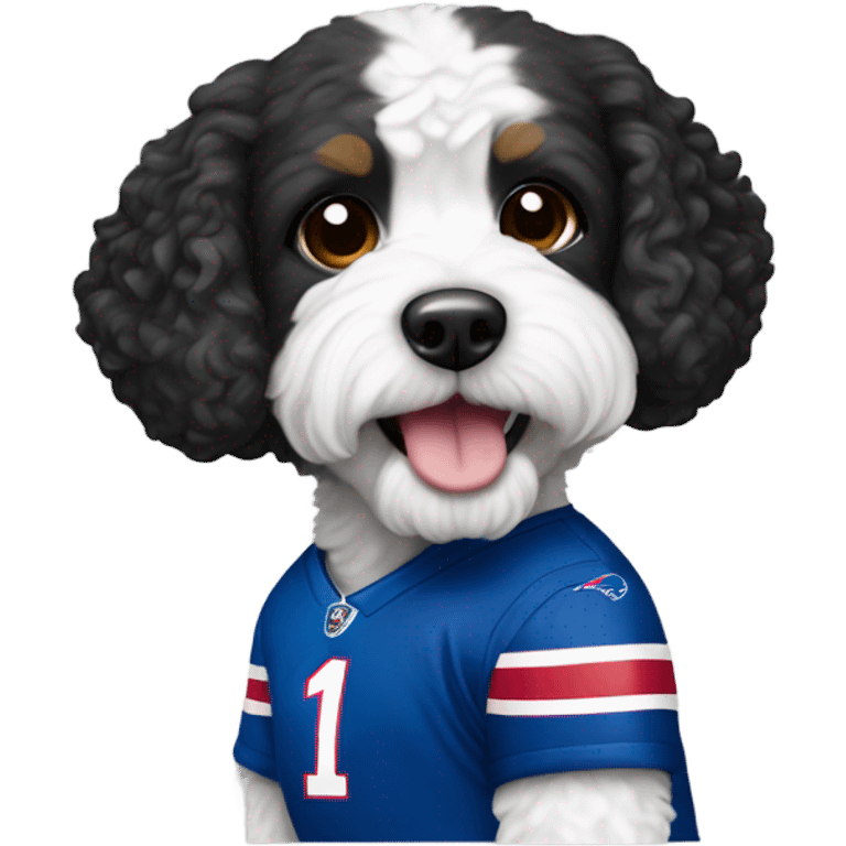 Black and white Cavapoo wearing bills jersey emoji