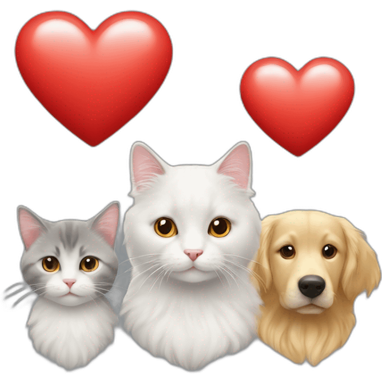 White cat, grey cat and golden retriever in à red heart emoji