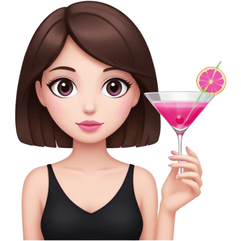 brunette hair down girl black top holding a pink cosmo emoji