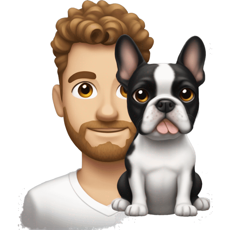 black-white frenchie dog next to his owner who is a white guy with brown curly hair  emoji