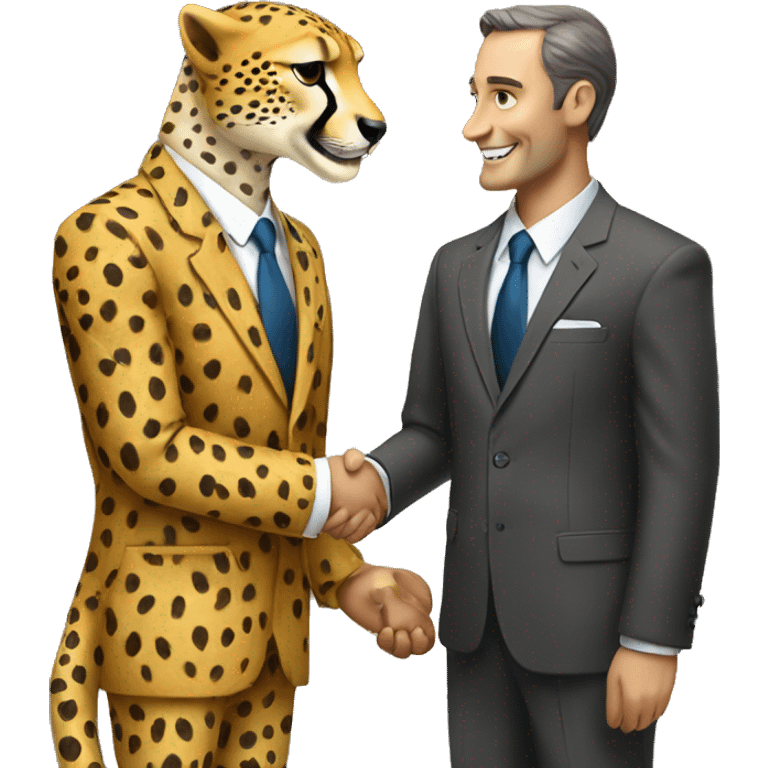 A cheetah in a classic suit shakes hands with a man  emoji