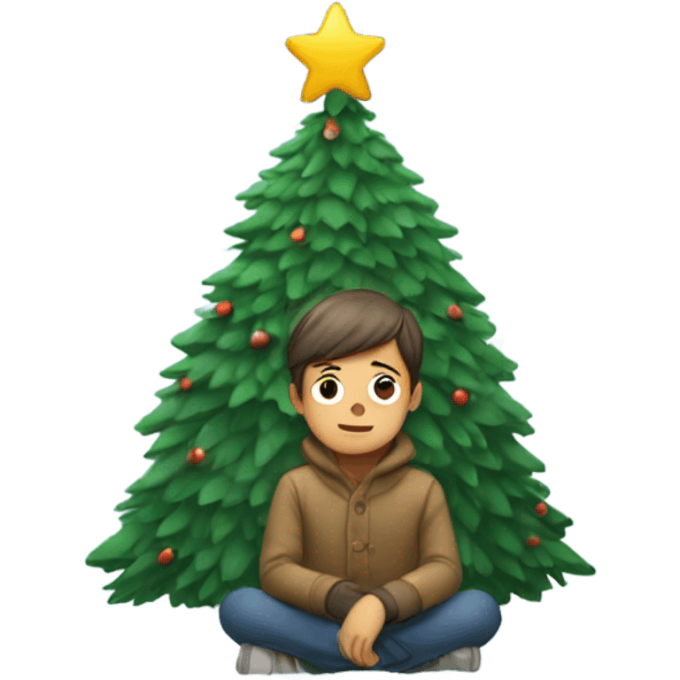 boy sitting in snow surranded with xmas tree emoji