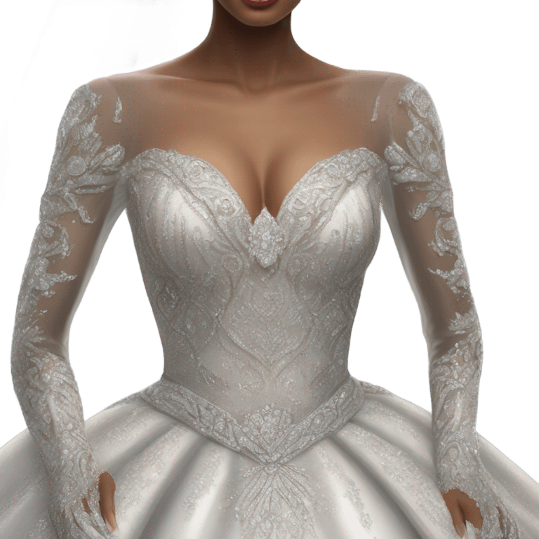 Hyper Realistic ornate ballgown long sleeve Wedding dress with diamanté on Russian bride with pale skin and green eyes and long black hair with veil hyper realistic  emoji