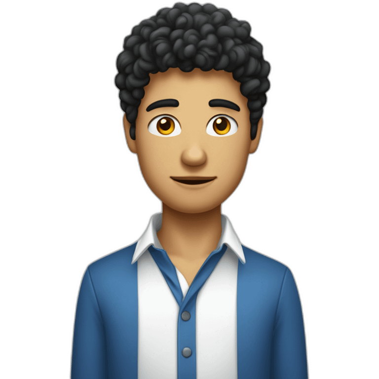 jeune homme avec des cheveux châtains bouclés, des yeux bleus clairs qui est habillé avec une chemise noir emoji