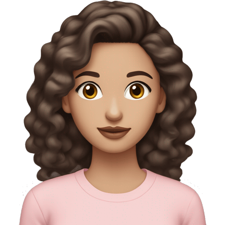 brunette girl with light pale skin,thin brows,brown eyes,wavy long dark hair in pastel pink clothes,accessories and hoop earring and eye makeup emoji