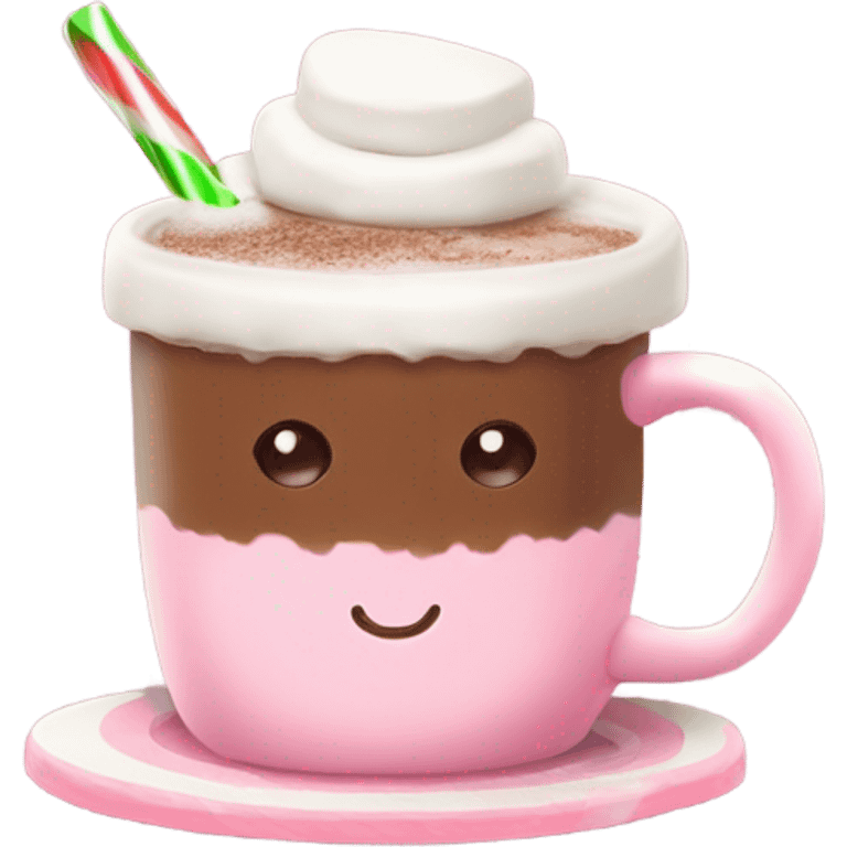 hot chocolate with marshmallows and little peppermint on the side with a light pink ribbon tied around hot chocolate cup emoji