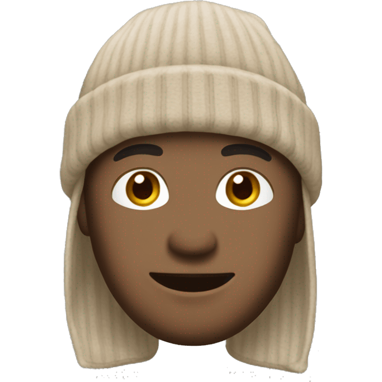 A person with medium-length dark-brown hair, beige beanie, brown eyes, No body only head, face. emoji