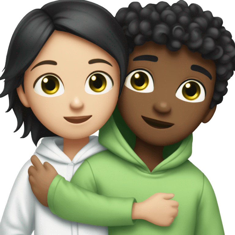 A black haired girl with green eyes who is approximately 5,2 with a black hoodie and pijamas hugging a blue eyed light brunette boy with freckles wearing pijamas and a white hoodie emoji