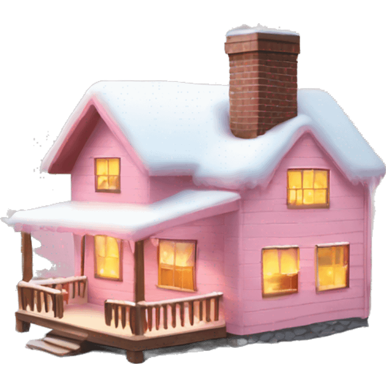 light pink cabin with snow with lights with smoking chimney and pink christmas tree emoji