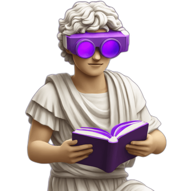 an EMOJI OF A ancient young greek statue reading a book, wearing VR glasses, purple colors, DIGITAL UNIVERSE emoji