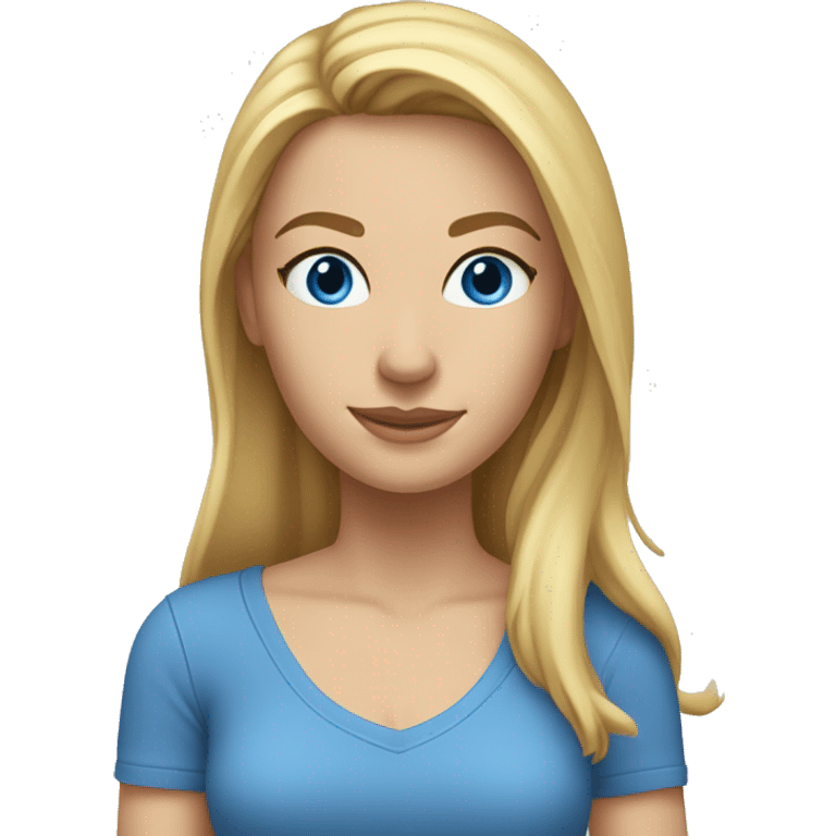 A head and shoulders shot of a 32 year old Caucasian woman, with long blonde hair,   with blue eyes wearing a t-shirt. emoji