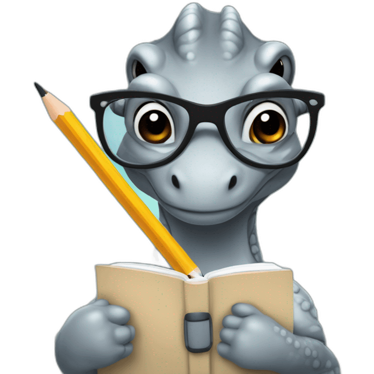 a tyrannasaurus rex therapist holding a pencil and notebook wearing glasses emoji