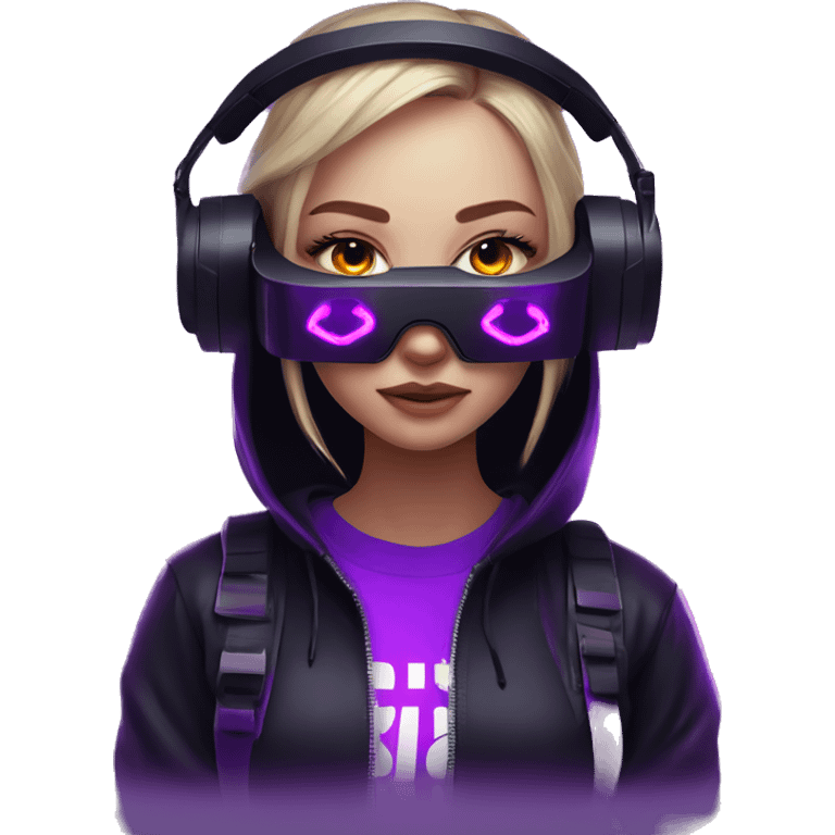 Russian girl wearing black hoody with violet letters "OMG", in vr headset. Cyberpunk style. Violet neon. emoji