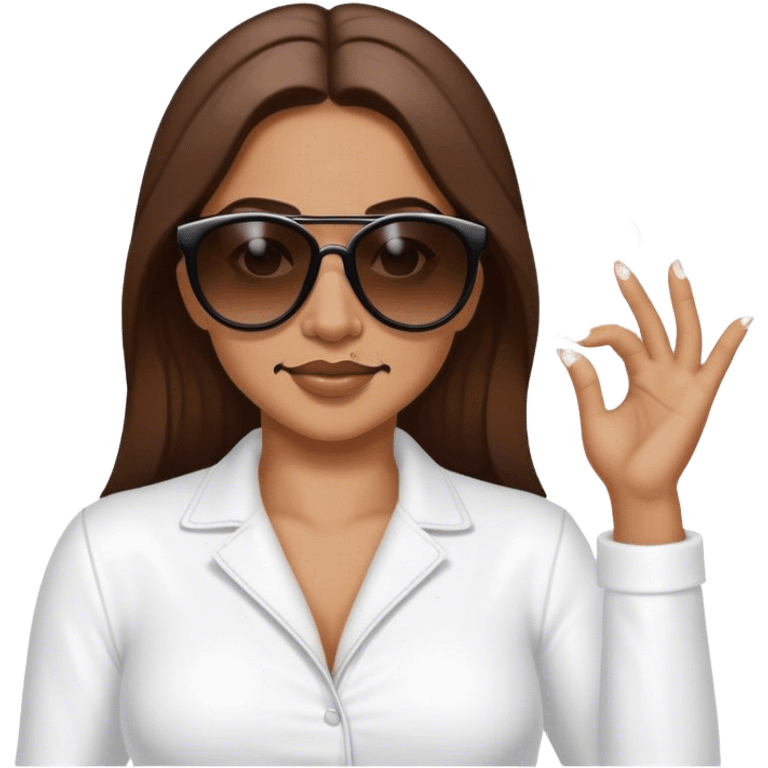 White woman with brown hair posing as salt bae with sunglasses sprinkling salt emoji