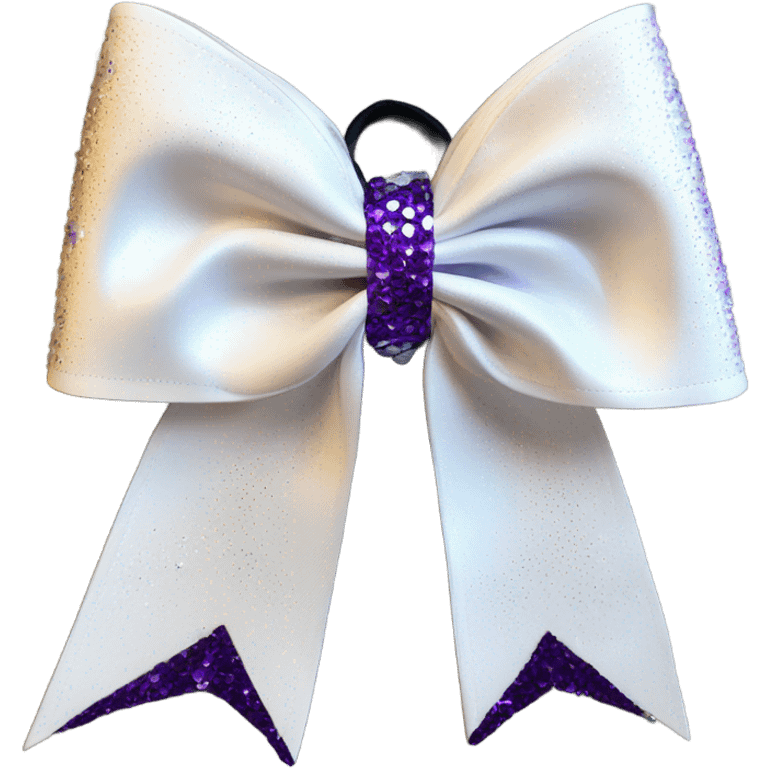 A white sparkly cheer bow with purple rhinestones  emoji