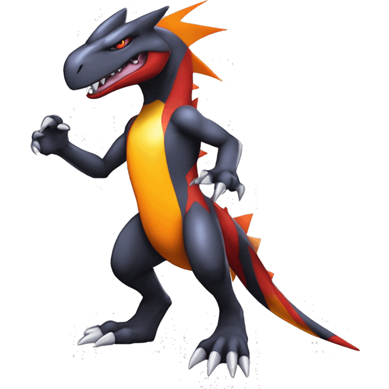 Black, Red, Orange, Yellow, White, Modern, Cool, Edgy, Badass Punk-style Garchomp-Charmeleon-Sergal Fakémon-Digimon with sharp edgy striking detailed stripe-markings,  full body emoji